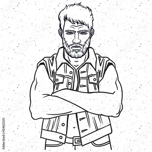 Biker with zentangle tattoo vintage.