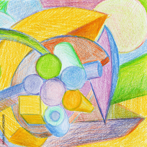 Colorful crayon artwork, painting of geometric shapes.
