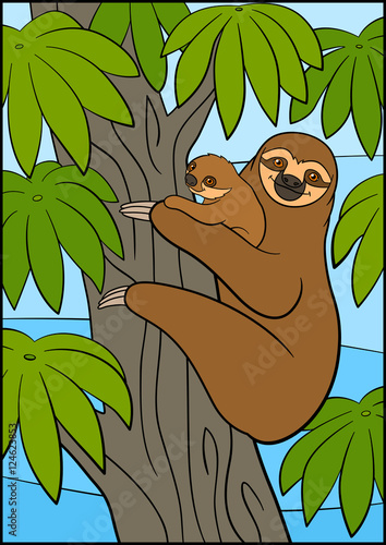 Cartoon animals. Mother sloth with her little cute baby.