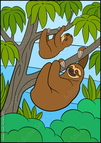 Cartoon animals. Mother sloth and her little cute baby.