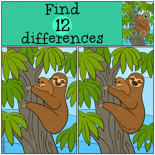 Educational game: Find differences. Mother sloth with her baby.