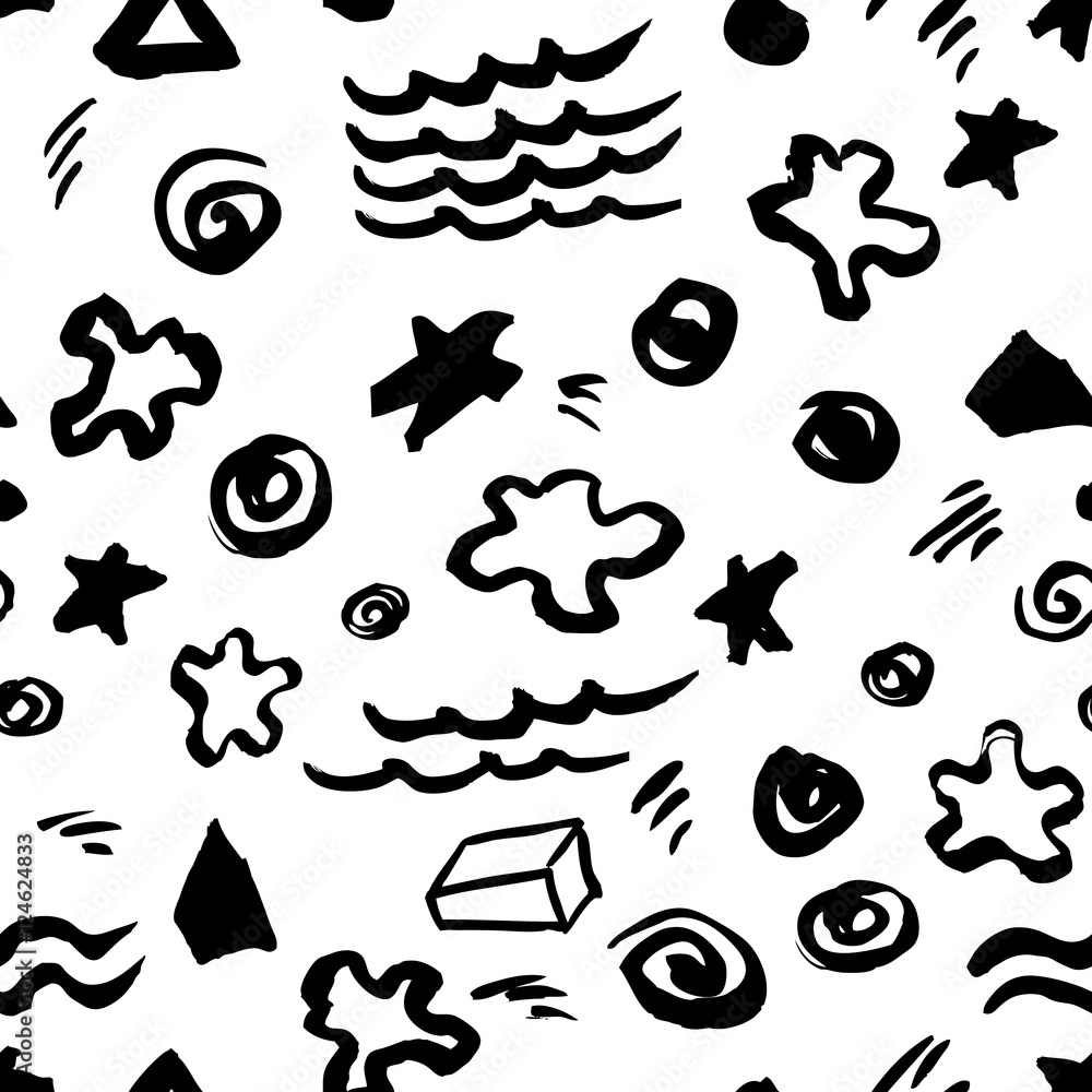 Hand drawn abstract seamless pattern with artistic stars, dots,