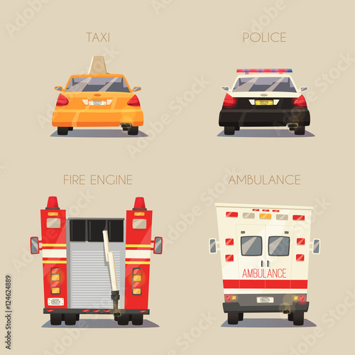 Police, Taxi, Ambulance car and Firetruck. Vector cartoon illustration