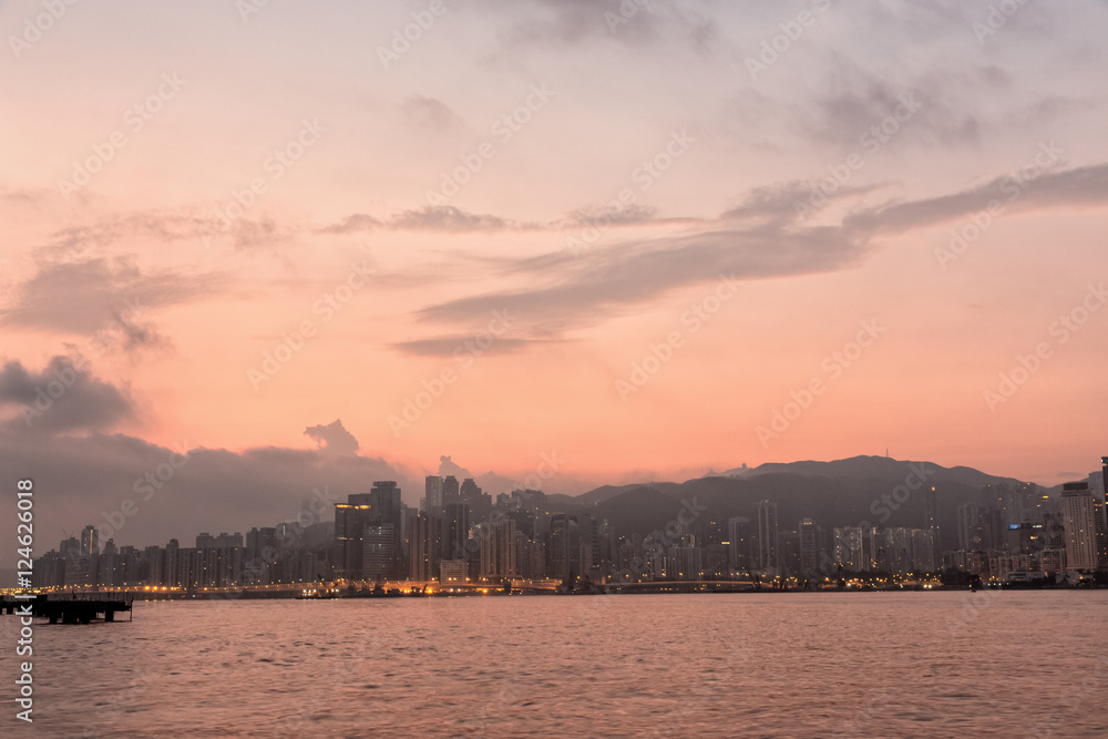 Victoria Harbor at dawn in Hong Kong