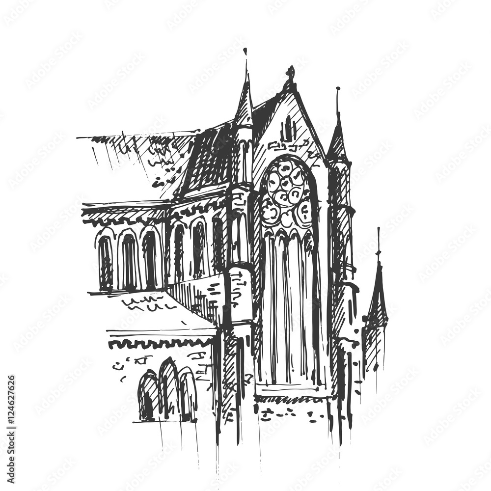 Gothic architecture. Hand drawn gothic cathedral. Vector illustration.