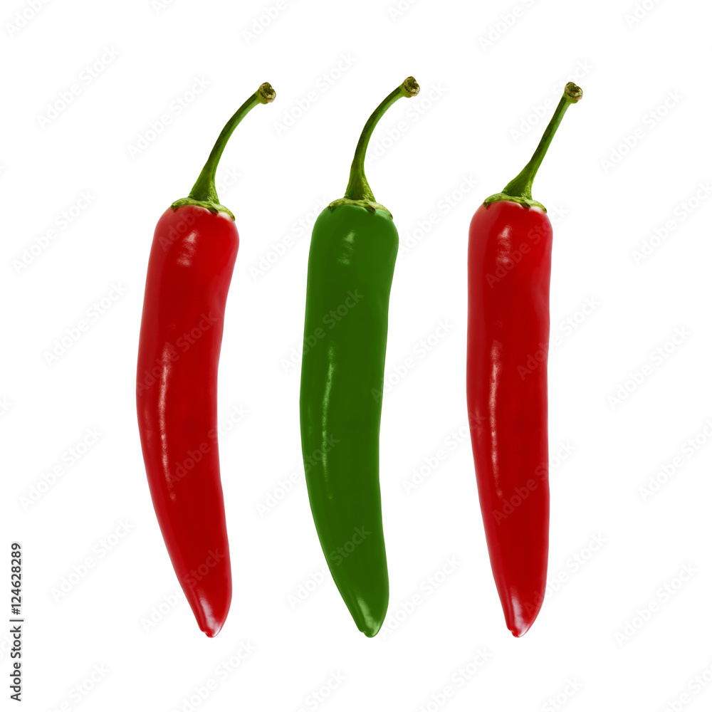 Red and green chili peppers isolated on white background