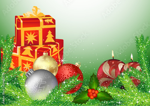 Christmas Background with Baubles, Gifts, Candles, Holly and Green Needles - ...