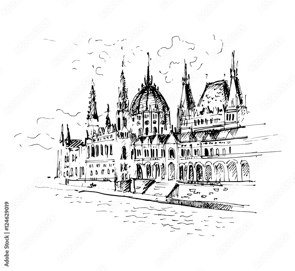 Hand drawn Hungarian parliament in Budapest. Sketch, vector illustration.