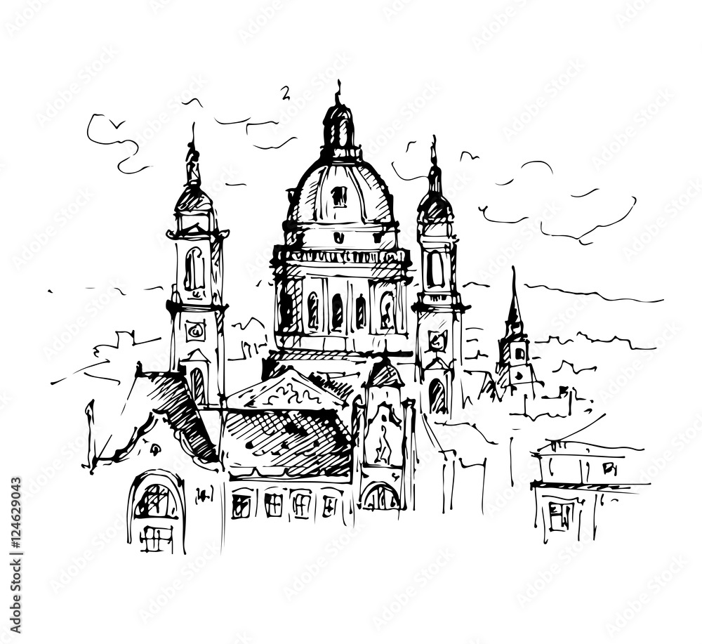 Hand drawn St. Stephen's Basilica in Budapest. Sketch, vector illustration.