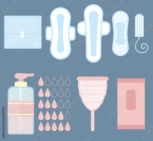 Feminine personal hygiene (sanitary napkin, tampon, menstrual cup, panties, liquid soap and droplets icons) flat vector items set