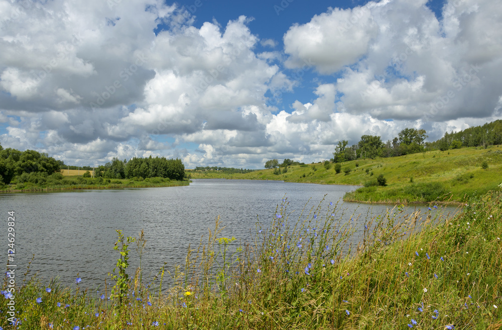 Sunny summer landscape.River Krasivaya in Tula region,Russia.