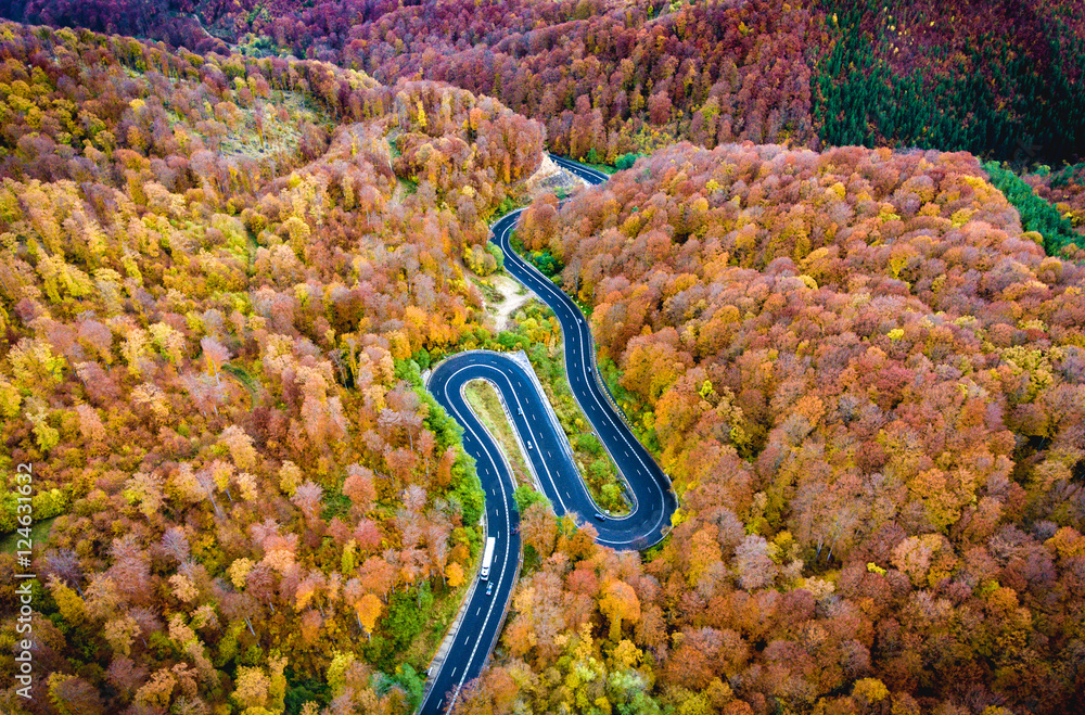 Fotobehang Luchtfoto Wegen Winding road trough the forest. Hi mountain pass in Transylvania #124631632