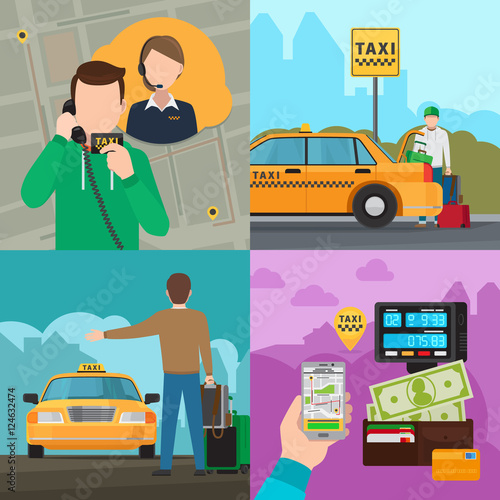 Smartphone touchscreen online taxi car call technology and taxi city transportation service vector concepts