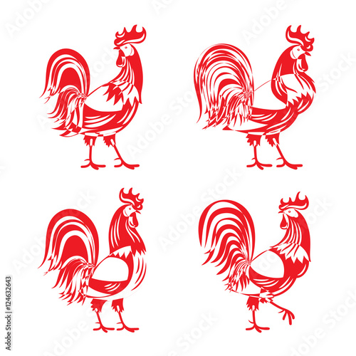 Vector modern stylized red cockerel rooster silhouette set isolated on white