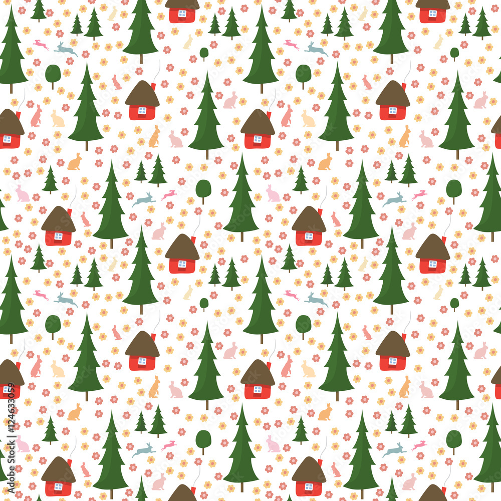 rabbits running around in the woods, the houses, Christmas trees, seamless pattern on white background rabbits running around in the woods, the houses, Christmas trees, seamless pattern on white background