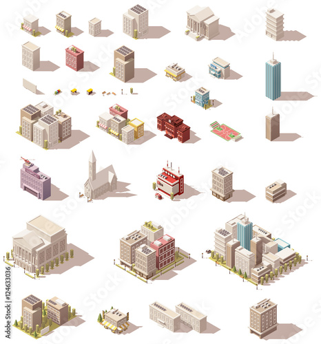 Vector isometric low poly buildings set