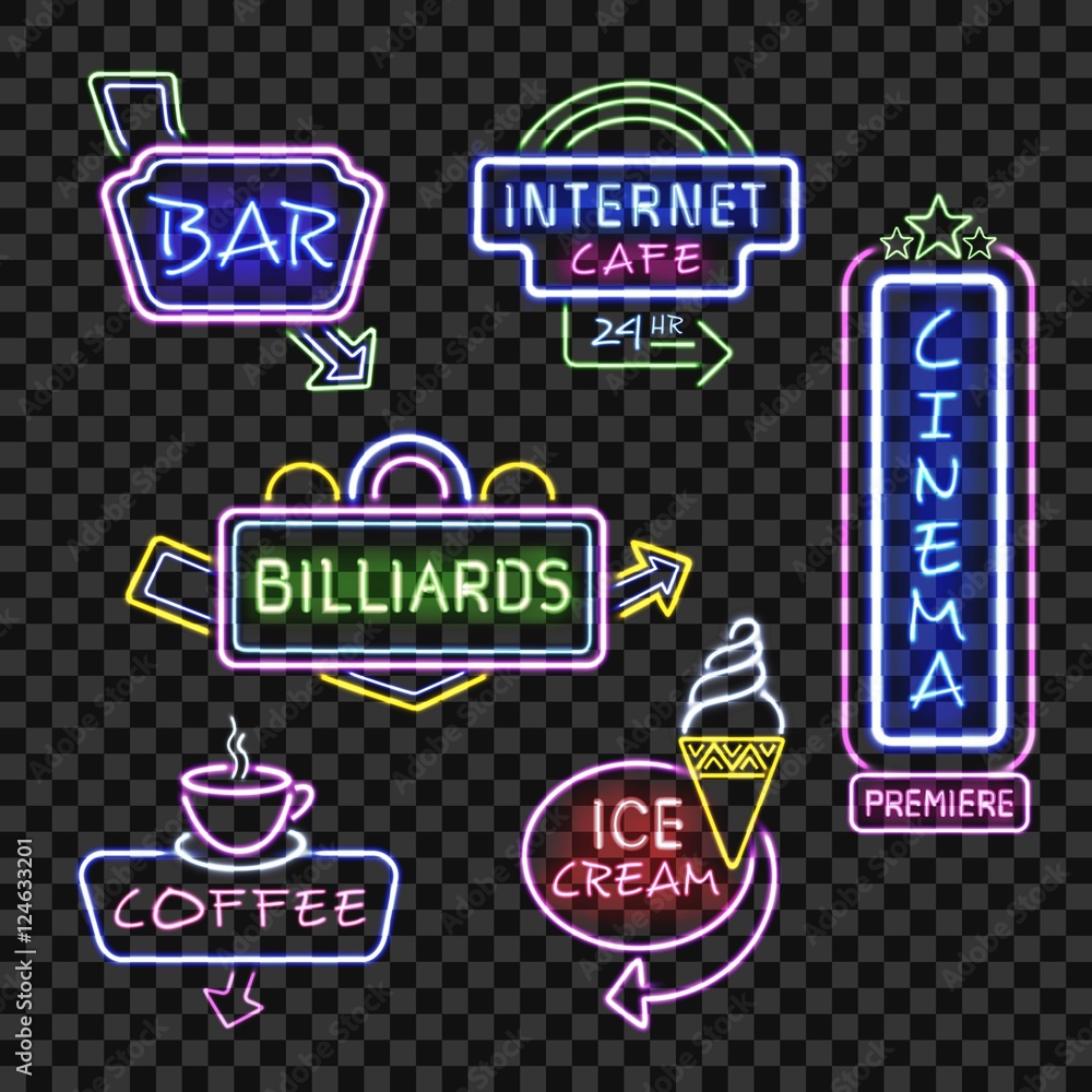 Neon signs on transparent background