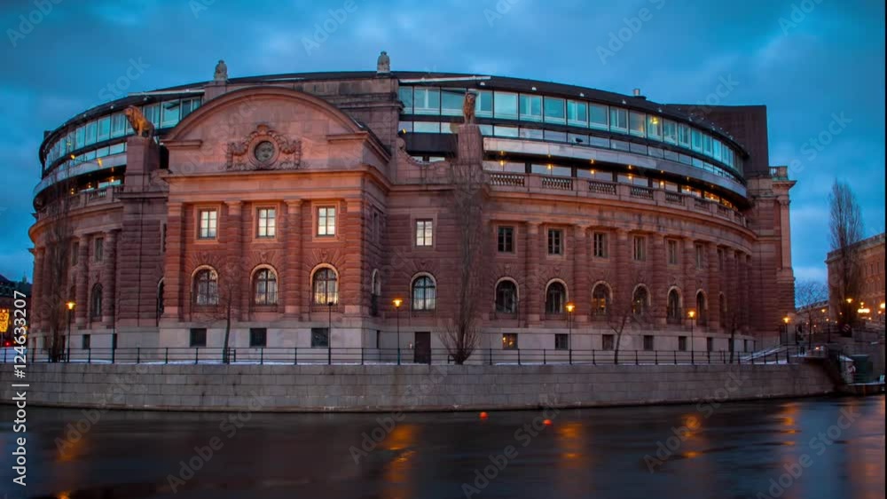 Moving time lapse of the parliament building of Sweden, located in Stockholm. In swedish called Riksdagen