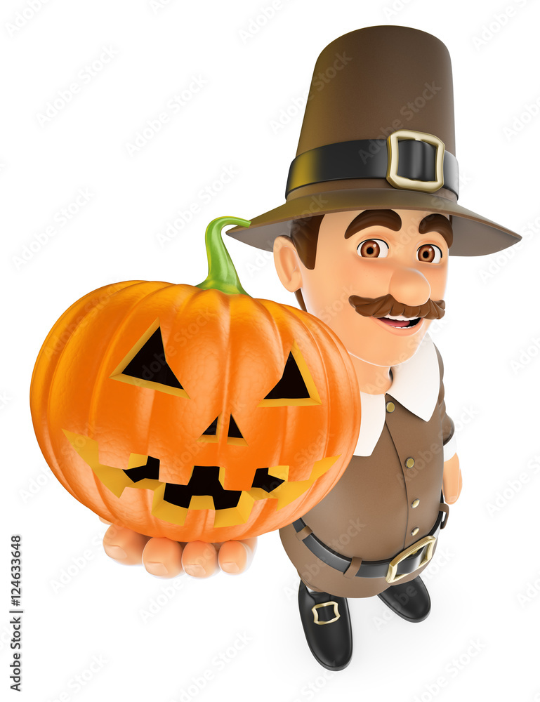 3D Thanksgiving man with a big pumpkin