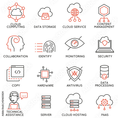 Vector set of 16 modern thin line icons related to cloud computing service and data storage. Simple mono line pictograms and infographics design symbols - part 1