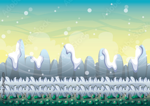 cartoon vector snow landscape background with separated layers for game and animation game design asset in 2d graphic