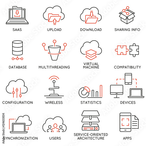 Vector set of 16 modern thin line icons related to cloud computing service and data storage. Simple mono line pictograms and infographics design symbols - part 2