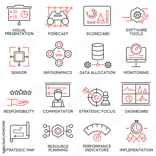 Vector Set of 16 Modern Thin Line Icons Related to Strategy Management System and Balanced Scorecard. Simple mono line pictograms and infographics design symbols - part 1