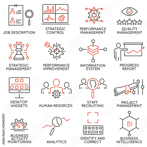 Vector Set of 16 Modern Thin Line Icons Related to Strategy Mana