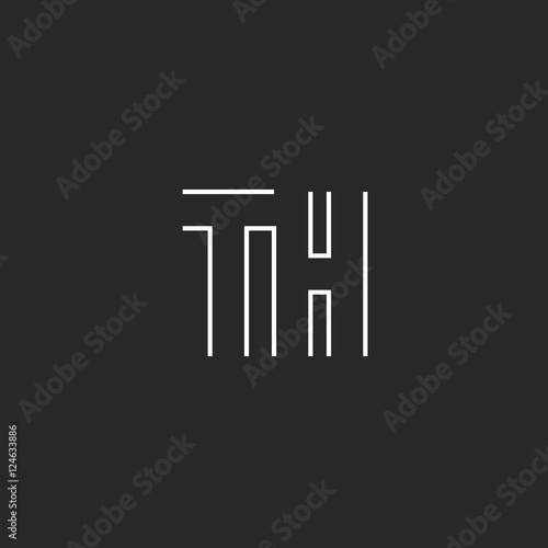 Letters TH logo linear capital HT symbol template. Maze shape T H monogram initials black and white line hipster emblem.