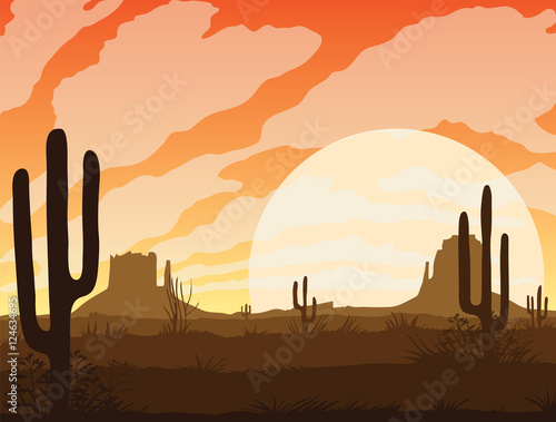 A high quality background of landscape with desert and cactus. Sunset on a background of a mountain landscape. Flat style.