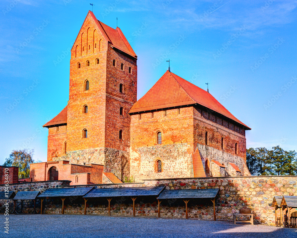 Trakai Island Castle Museum in the early fall time. Trakai village, Lithuania.