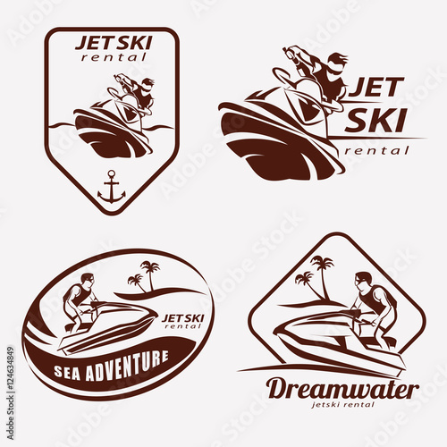 jet ski set of stylized vector symbols, emblem and label or logo