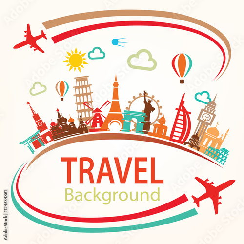 world travel, landmarks silhouettes icons set