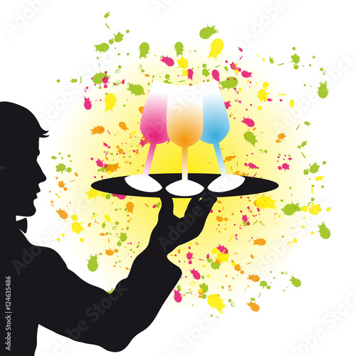 Silhouette of Waiter with Sparkling Drinks