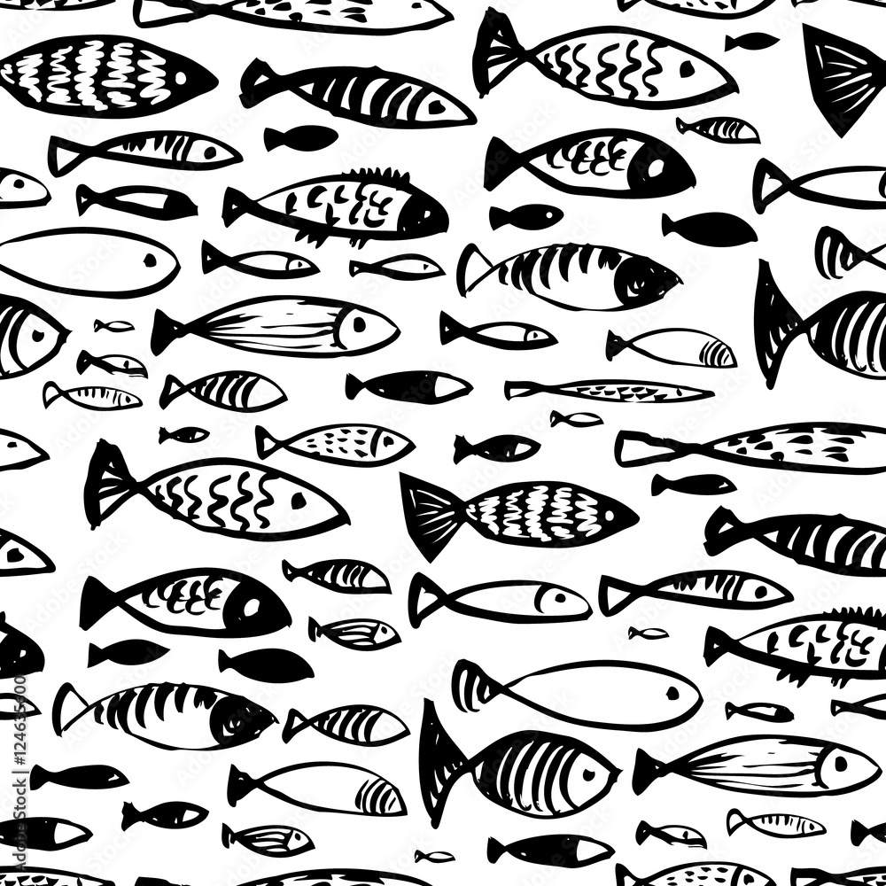 Hand drawn seamless pattern with doodle fishes. Ink illustration