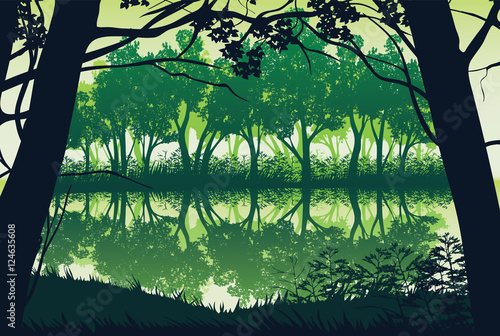 A high quality background of landscape with river and deep forest. Flat style.