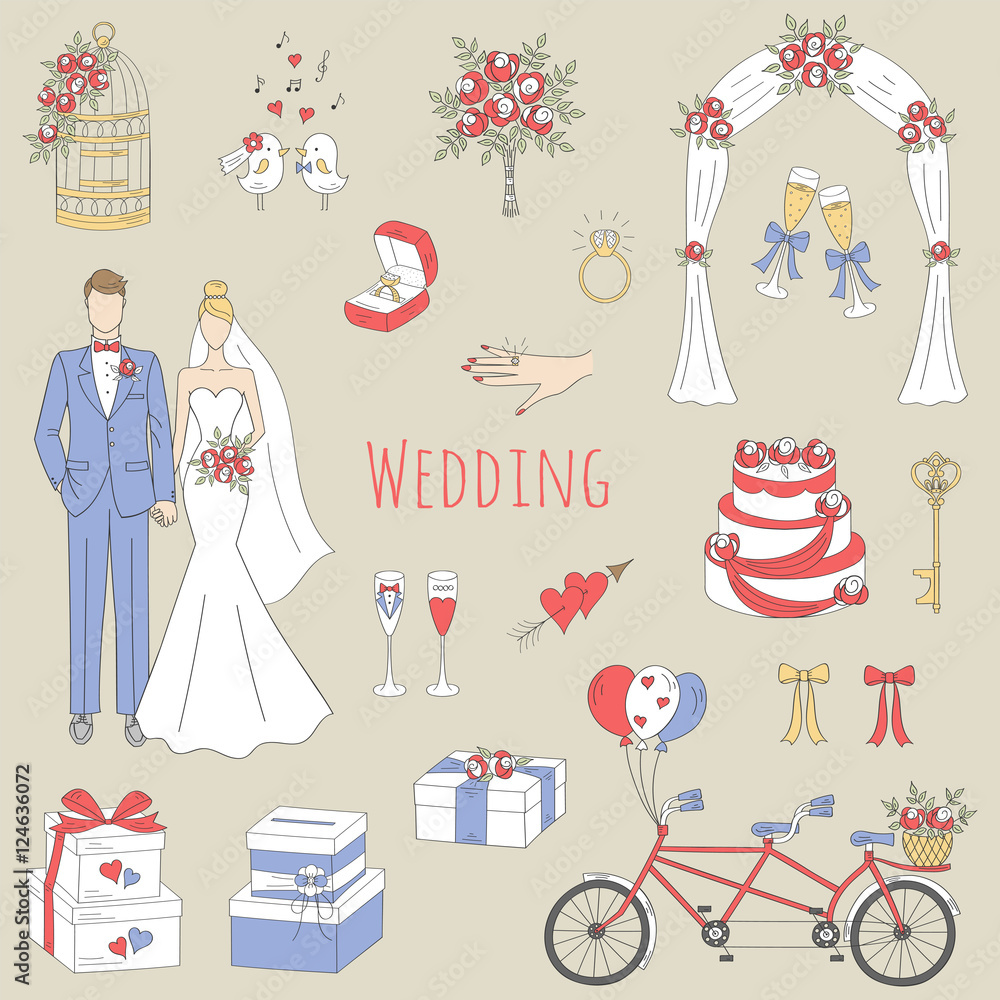 Vector set of hand drawn wedding icons bride, groom, wedding cake, bicycle, bouquet, ring, arch, gift box, birdcage isolated doodle sketch illustrations.