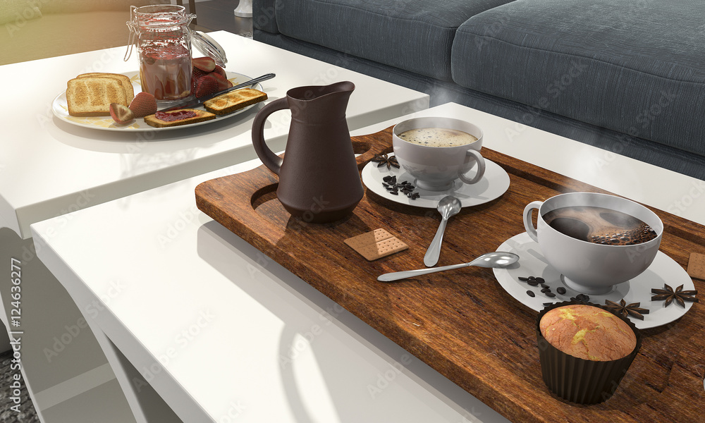 3d rendering nice coffee set and pastry for breakfast on the table with sun glare 3d rendering nice coffee set and pastry for breakfast on the table with sun glare