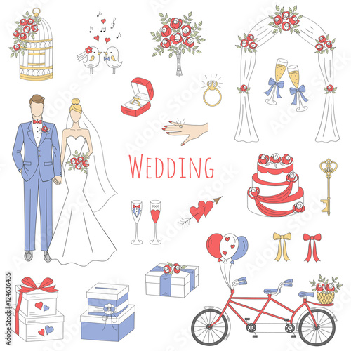 Vector set of hand drawn wedding icons bride, groom, wedding cake, bicycle, bouquet, ring, arch, gift box, birdcage isolated doodle sketch illustrations.