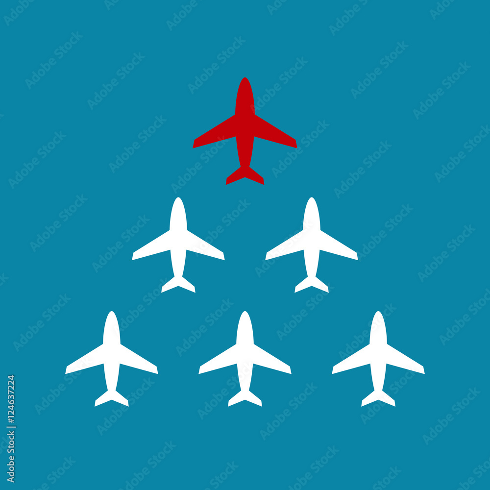 Leadership business concept with airplanes  following behind the red leader. Vector teamwork illustration.