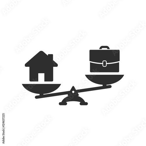 Home and business scales icon. Weight between work, money and your family. Career and family are on the scales. Balance your life business concept. Family or money. Vector isolated illustration.
