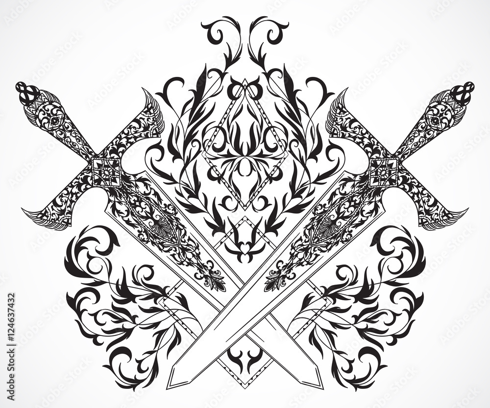 Crossed medieval swords with ornament. Tattoo art. Vintage hand drawn ...