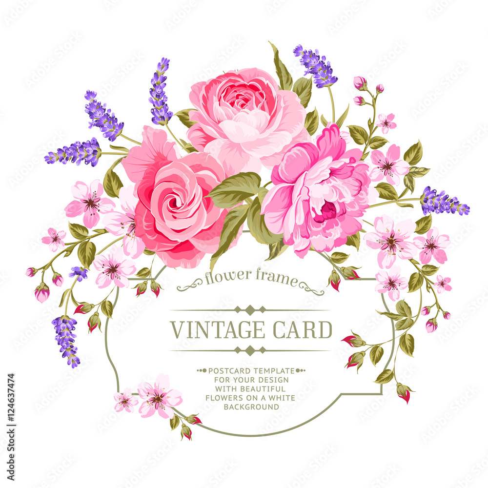 Spring flowers bouquet for vintage card. Pink peony with a vintage label isolated over white background. Vector illustration.