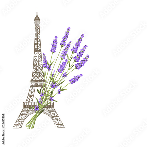 Eiffel tower with lavender flowers isolated over white background. The lavender elegant card. Eiffel tower symbol with spring blooming flowers for wedding invitation. Vector illustration.