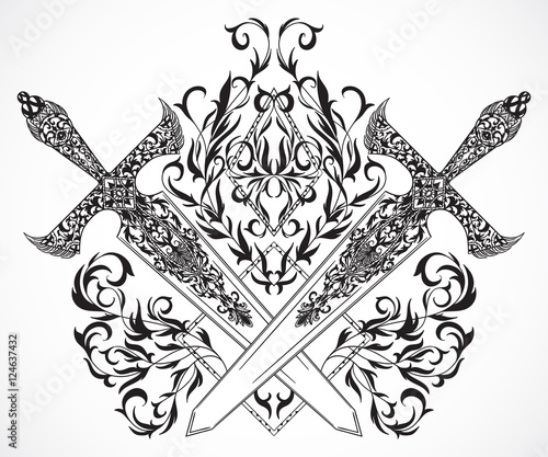 Crossed medieval swords with ornament. Tattoo art. Vintage hand drawn vector illustration