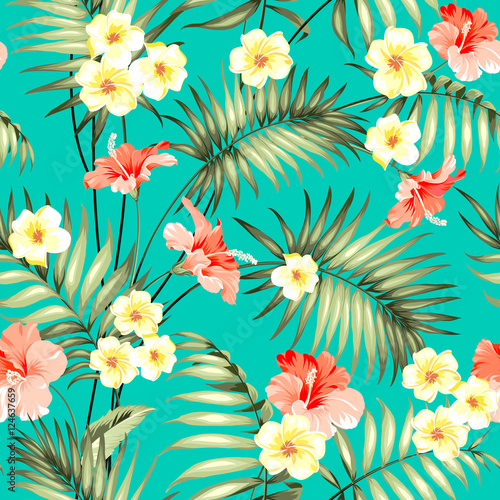 Tropical design for fabric swatch. Topical palm leaves and beautiful plumeria flowers on seamless patten over green background. Vector illustration.