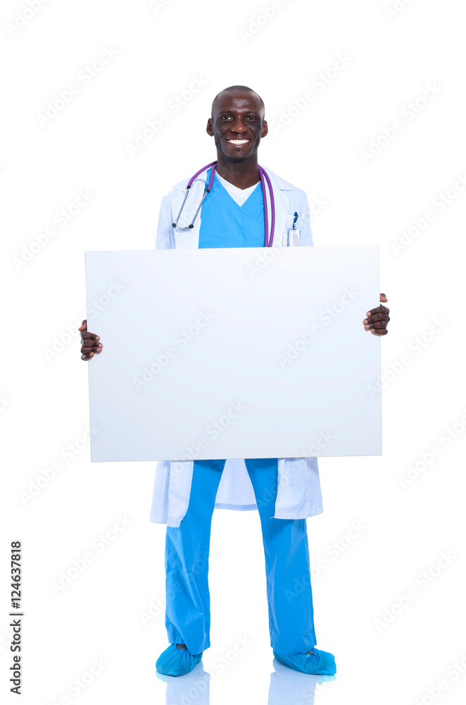 Male doctor holding empty placard. Male doctor holding empty placard.