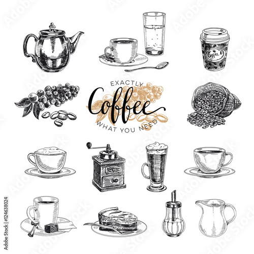 Vector hand drawn coffee set. Sketch