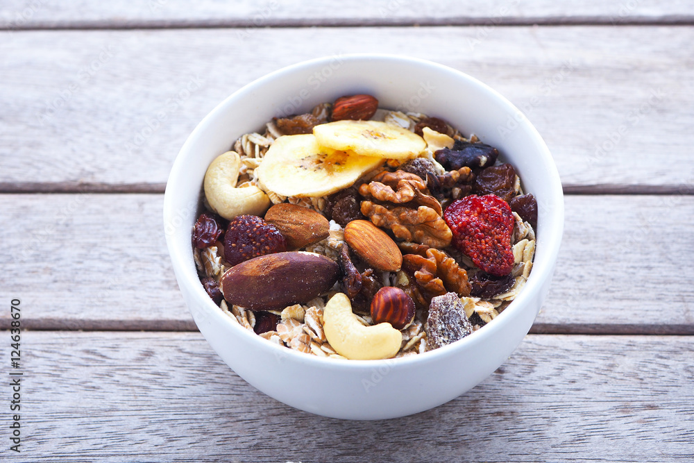 Close up of a healthy bowl of muesli with dried fruit and nuts on a wooden background. Close up of a healthy bowl of muesli with dried fruit and nuts on a wooden background.