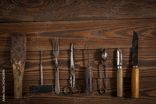 vintage objects on wooden background vintage concept and Rustic